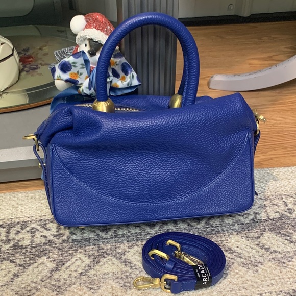 Arcadia Leather Domed Satchel - Dione qvc NEW Royal blue pebbled - Picture 2 of 9